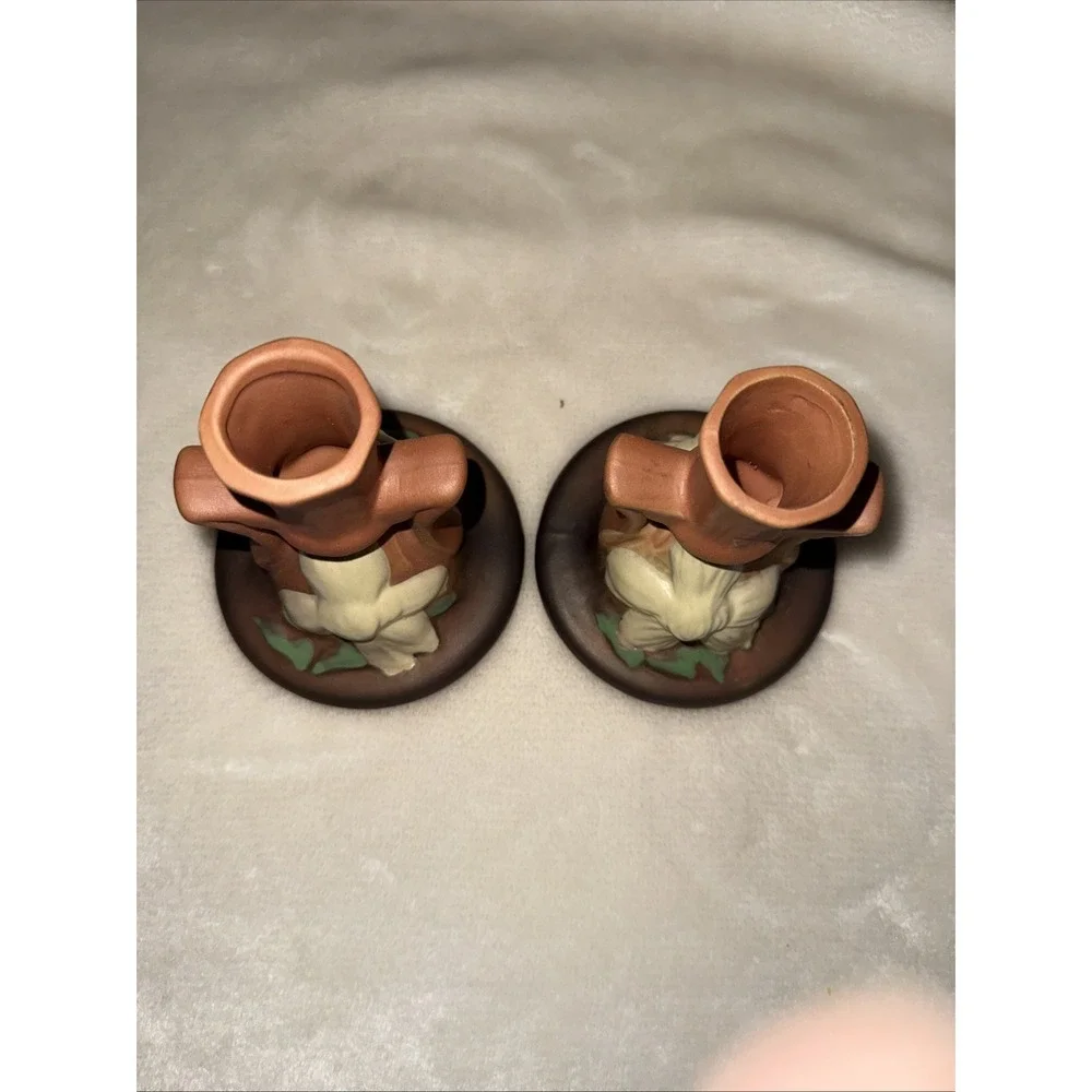 Vintage Roseville Art Pottery pair brown Candle Holders Clematis